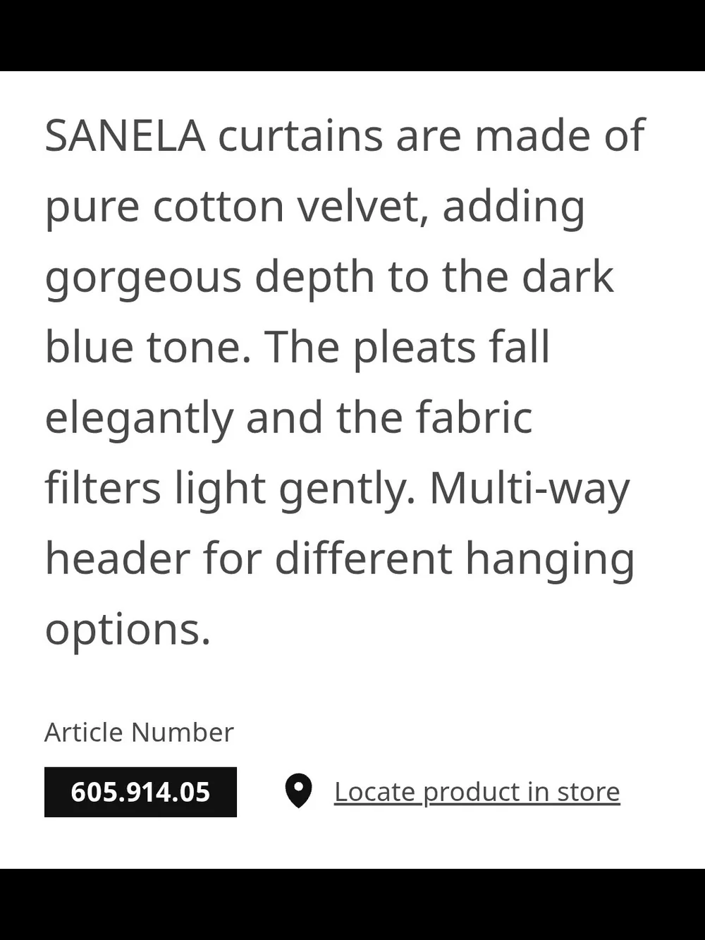 New Pair Of IKEA SANELA Dark Blue Velvet Curtain Panels